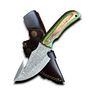 Couteau à lame fixe en acier Damas OEM/ODM, couteau à dépecer personnalisé avec manche en bois Pakka, vente en gros, équipement de chasse, camping, EDC, étui en cuir - Product Image 1