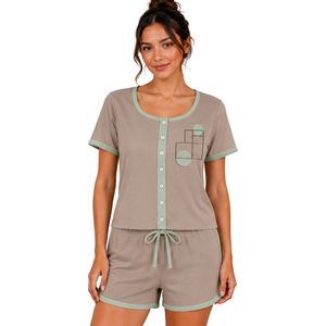 Taupe And Mint Women Two Piece Shorts Set Round Neck Button <b>Top</b> Geometric Print Casual Summer Cotton Lounge Wear Outfit Custom - Product Image 1