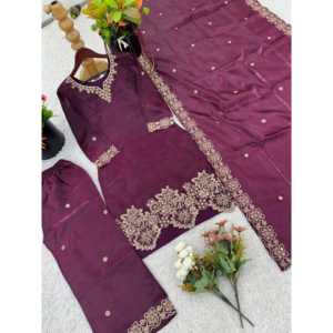 Conjunto de Traje de Fiesta para Mujer con Bordado de Lentejuelas, Top, Pantalón y Dupatta - Product Image 1