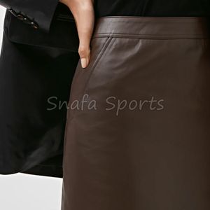 Jupe crayon sexy en cuir véritable marron foncé pour femme, style gothique, taille naturelle, déchirée, couleur unie, pour clubbing - Product Image 4