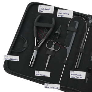 Kit d'outils pour extensions capillaires noires de salon : Pince à sertir les cheveux, crochet de tirage, peigne à queue, aiguilles à coudre pour la séparation des mèches et pinces de sectionnement - Product Image 3