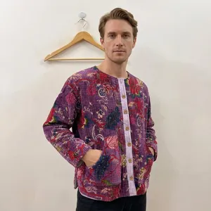 Autumn Garden Quilted Cotton Jacket with Cotton Buttons Full Sleeve Mandarin Collar Floral Pattern Hand Drawn Print in Violet - Product Image 6