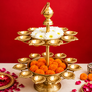 Antique Gold Finish 2 Tier Iron Metal Diya Stand Decorative Oil <b>Lamp</b> Holder Pooja Festival Wedding Home Temple Decor - Product Image 1
