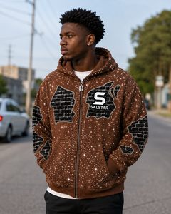 Sweat-shirt à capuche marron zippé personnalisé pour homme avec strass – Sweat-shirt streetwear haut de gamme avec impression graphique et logo personnalisé - Product Image 5