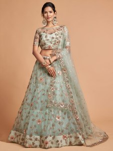 Indian Wedding Lehenga Choli <b>Net</b> Sequence Embroidery Floral Two Piece <b>Dress</b> for Women - Product Image 1