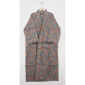 Robe Kimono en Coton Tricoté Indigo Imprimé Flock, Motif Floral Artisanal Jaipuri, Tenue Décontractée Respirante pour l'Été - Product Image 1