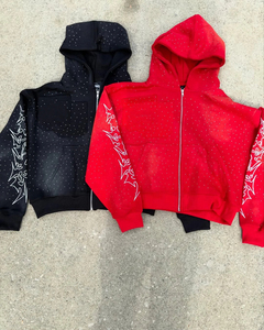Sudadera con capucha negra para hombre con cremallera, estampado de puntos blancos y diseño artístico en las mangas, estilo streetwear, oversize, con bolsillo ecológico - Product Image 4