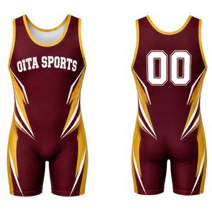 Combinaison de lutte sublimée bordeaux et or pour hommes, tenue de sport athlétique en polyester, vêtements d'entraînement et de match, équipement d'équipe - Product Image 1
