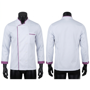 เสื้อเชฟผ้าทวิลโพลีคอตตอนพรีเมียม 240 GSM สีขาว แต่งขอบสีม่วง พร้อมปักลายตามสั่ง - Product Image 1