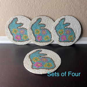 Vintage Beaded Bunny <b>Coasters</b> Set of 4, Easter Rabbit Drink <b>Coasters</b>, Glass Seed Bead <b>Table</b> Decor by whimsy art craft - Product Image 1