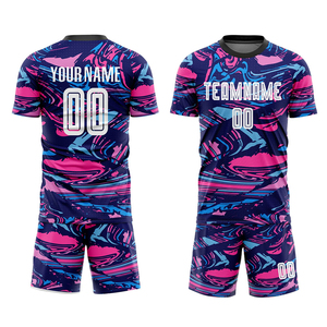 Ensemble de maillots de football personnalisés sublimés, motif rose et bleu, col rond, manches courtes, évacuation de l'humidité, vêtements unisexes pour adultes - Product Image 1