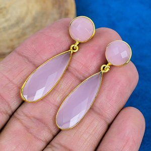 Natural Pink Chalcedony Pear Shape Gemstone <b>Stud</b> Earring 18k Gold Micron Over 925 Sterling <b>Silver</b> - Product Image 3