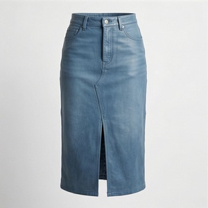 High Waist Denim Pencil <b>Skirt</b> With Front Slit Knee-Length Women's Casual Style Solid Color Woven Fabric All Seasons Wear - Product Image 1
