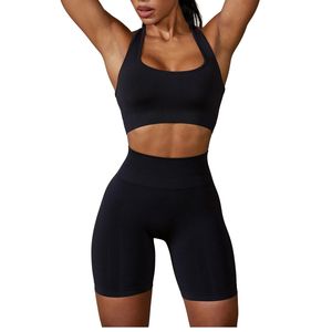 ชุดเซ็ตเสื้อชั้นในกีฬาและกางเกงขาสั้นเอวสูงสำหรับผู้หญิง ขายส่ง เนื้อผ้าระบายอากาศ เหมาะสำหรับออกกำลังกาย โยคะ ฟิตเนส ชุดออกกำลังกายฤดูร้อน ชุดสองชิ้น - Product Image 1
