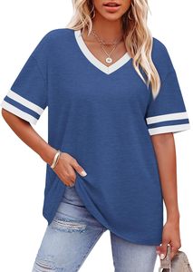 Camiseta de Manga Corta con Cuello en V para Mujer, Color Verde Sólido, Corte Holgado, Informal, de Algodón Jersey, Estilo Primavera-Verano - Product Image 3