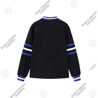 Cardigan noir Zeta Sorority en molleton 100% coton pour femme, col en V, bordure bleue et blanche, lettres grecques universitaires, style vintage