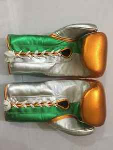 Guantes de Boxeo Profesionales Hechos a Medida en Cuero Vacuno Genuino con Tono Perla Metálico Verde y Dorado - Product Image 2
