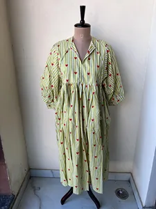 <b>Women's</b> Boho Yellow Striped Heart Print Cotton Midi Dress Tie-Neck 3/4 Puff Sleeve Casual Summer Dress - Product Image 3