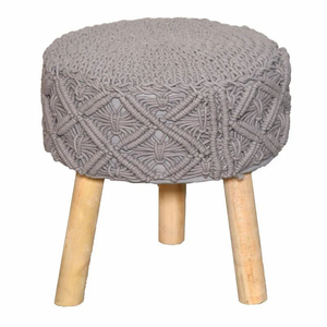 Grey Round Macrame Covered <b>Ottoman</b> <b>Stool</b> with Wooden Legs Boho Footrest Pouf for Living Room Hotel Cafe Decor - Product Image 1