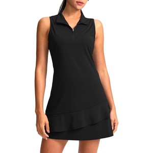 Women's <b>Black</b> Sleeveless <b>Polo</b> Collar Golf Dress Quick Dry Sporty Solid Knitted <b>Top</b> with Zipper Closure - Product Image 1