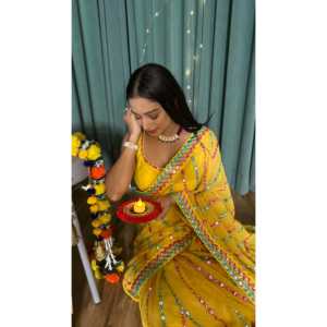 Beautiful Evening Dress <b>Saree</b> with Thread & Paper Mirror Work for Parties - Product Image 3