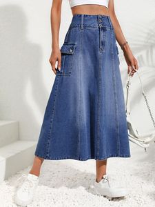 Jupe longue en jean taille haute pour femme, coupe trapèze, avec fente avant, délavée, unie, décontractée, coupe ample, style automne - Product Image 5