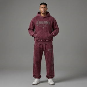 <b>Men's</b> Oversized <b>Burgundy</b> Acid Wash <b>Hoodie</b> Tracksuit Sets Heavyweight Streetwear Cotton Jogger Matching Sweat Suit Custom Apparel - Product Image 5