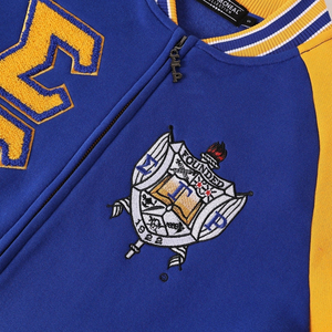 เสื้อแจ็คเก็ตฟลีซพรีเมียมสีน้ำเงิน Sigma Gamma Rho สไตล์ Letterman แบบซิป  คอและปลายแขนเสื้อแบบริบ  ปักลายแบบกำหนดเองได้ - Product Image 5