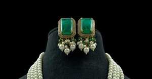 Emerald & Pearl Indian Gold Plated Brass Jewelry Set Victorian Wedding Necklace Earrings Design Party Handmade - Product Image 5