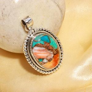 New Custom Spiny oyster copper Turquoise Handmade Oval Shape Stone Pendant <b>Solid</b> 925 Sterling <b>Silver</b> <b>Necklace</b> Pendant for Woman - Product Image 1