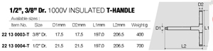 Llave de manivela en T aislada de 3/8" x 197x206.5 mmL 1000V con certificado GS-VDE - Product Image 3