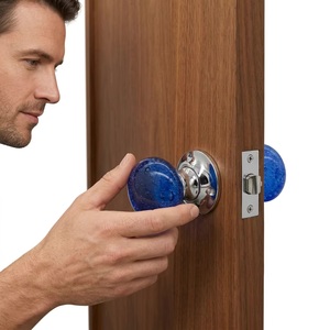 Blue Glass Round <b>Door</b> Knob Handle for Cabinet Drawer Contemporary Home Office Use Durable Mortice <b>Lock</b> Design - Product Image 3