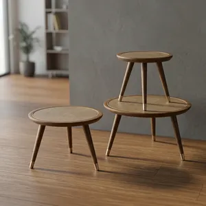 Midcentury Modern Round <b>Wood</b> Nesting Coffee <b>Tables</b> Rattan Top <b>Living</b> <b>Room</b> <b>Side</b> <b>Tables</b> - Product Image 1