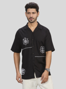 Men's Winter Black Short Sleeve Embroidered Floral Casual <b>Shirt</b> with Turn Collar Eco-Friendly Breathable White Stitching Detail - Product Image 3