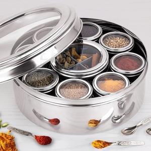 Contemporary <b>Metal</b> Masala Organizer <b>Box</b> with Decorative Lid Kitchen Spice Storage Container for Herbs Seasoning Use - Product Image 2