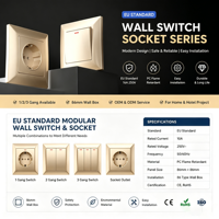 Interrupteur mural doré standard UE 10A 250V IP20 ignifuge 2 modules moderne en PC pour maison et hôtel