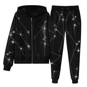 Custom Men's Full Zip Rhinestone Tracksuits Breathable Lightweight Polyester/Cotton Winter Hooded <b>Top</b> Sparkle <b>Crystal</b> Logo - Product Image 1