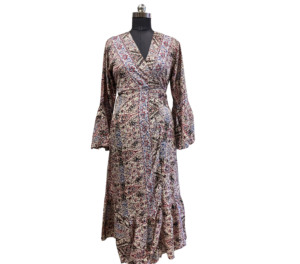 Robe portefeuille élégante pour femme, motif floral, longueur midi, manches courtes, fermeture portefeuille, taille élastique, matière confortable et légère - Product Image 1