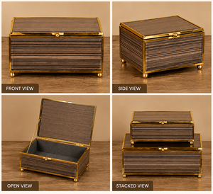 Taupe Striped Glass Jewelry Storage <b>Box</b> with Gold Metal Frame Crystal Clear Lid <b>Soft</b> Felt Interior Decorative Keepsake Organizer - Product Image 4