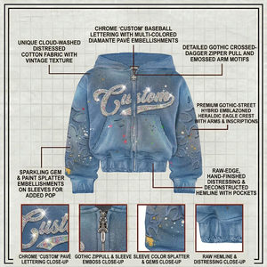 Custom Embroidered Hoodie Mens Massive 450gsm Blue Sunfaded <b>Jumper</b> Paint Splatter Cross Applique Boxy Fit <b>Full</b> <b>Zip</b> up <b>Jumper</b> - Product Image 3