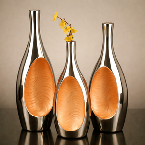 Juego de 3 Jarrones de Flores de Aluminio Fundido Cromado Plateado de Lujo, Forma Irregular Moderna, Hechos a Mano, Decoración de Mesa Portátil, Esmalte Personalizable - Product Image 1