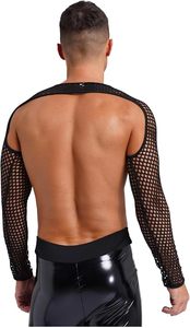 Custom Men's <b>Fishnet</b> Mesh Crop Top Long Sleeve Hollow Out See Through Muscle Shrug Cover up 100% Polyester Casual - Product Image 2