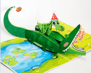 3D Pop-Up Crocodile Greeting Card With Party Hat And <b>Gift</b> For Birthday Celebration - Product Image 1