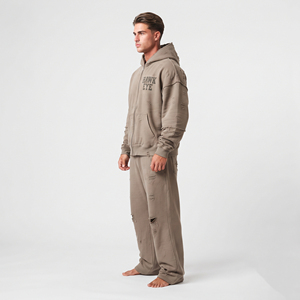 Custom Solid Color Men Cotton Fleece Jogger Set Distressed <b>Full</b> <b>Zip</b> <b>Hoodie</b> Drop Shoulder Relaxed Fit Tracksuit - Product Image 3