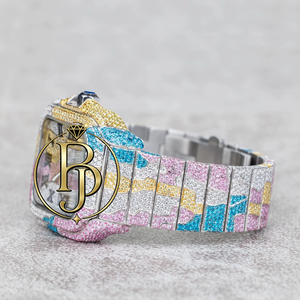 Montre analogique à quartz en acier inoxydable de haute qualité, entièrement sertie de pierres multicolores, cadran carré abstrait, résistance à l'eau 3 ATM - Product Image 2
