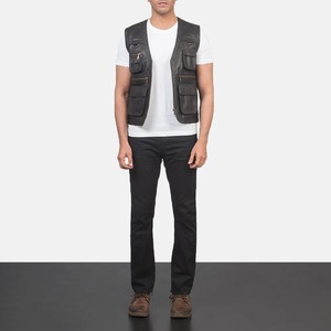 Men's <b>Black</b> Faux Leather <b>Vest</b> Zipper Closure Multiple Pockets Workwear Style Outerwear Regular Fit Solid Color - Product Image 3