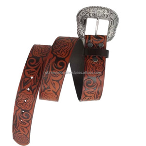 New Western Floral <b>Engraved</b> Embossed Genuine Leather Men's Belt with Brass Buckle Custom logo Full Grain <b>Tooled</b> Leather Belts - Product Image 6