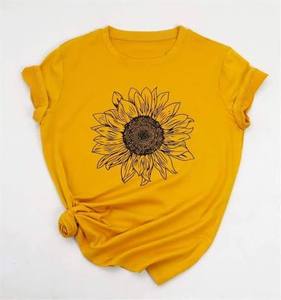 T-shirt Easy Match imprimé tournesol, tricoté aérien, décontracté, vêtement d'été moderne pour femme, élégant, ajusté, rétro, à manches courtes - Product Image 1