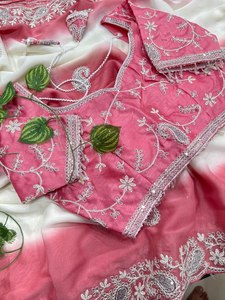 Sari rose de créateur, sari rose poudré brodé, sari rose pour soirée, sari élégant et féminin, sari traditionnel de créateur - Product Image 2