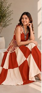 Wholesale Indian Ethnic Wear Rust Orange Checkered <b>Lehenga</b> Choli Set Cowrie Shell Fringe <b>Crop</b> <b>Top</b> Indo Western Navratri Garba Dr - Product Image 2